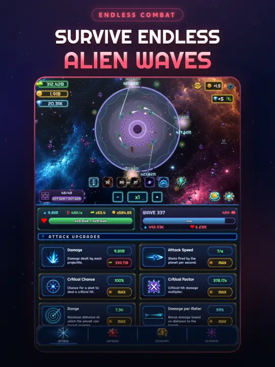 Endless waves with live attack upgrades